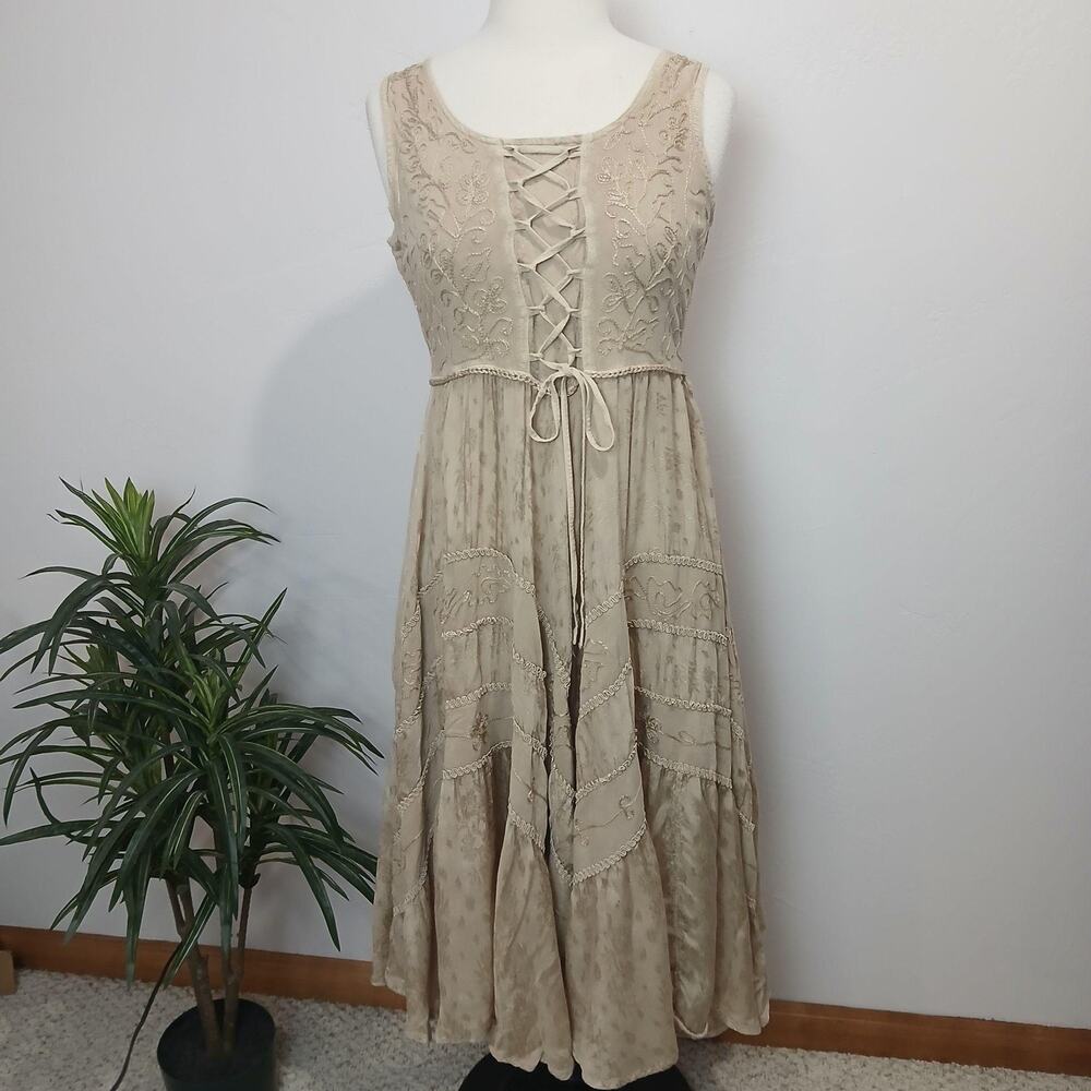 Scully Western Dress Womens Medium Beige Embroidered Boho Maxi Rayon India
